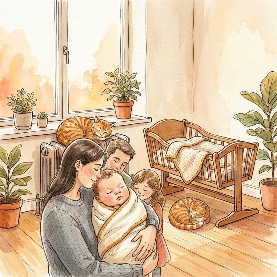 Sample cover: Welcome to the world, a mother holding a newborn beside a wooden cradle, the father and a young girl next to her