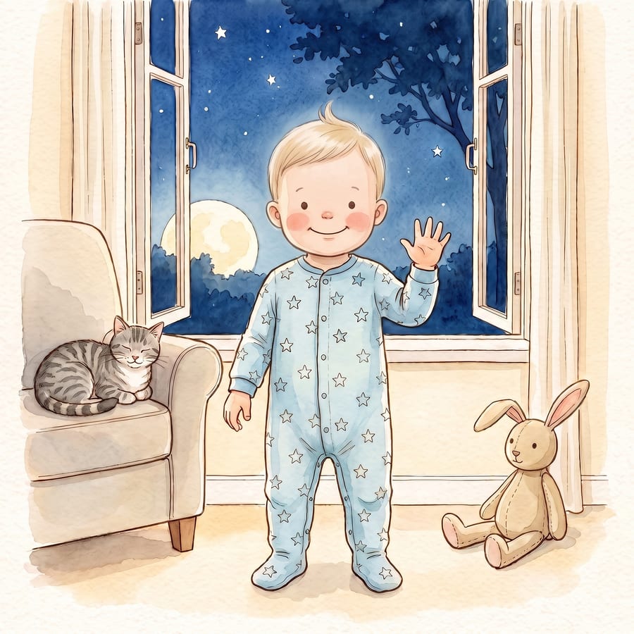 Cover: Good Night, a toddler in star pajamas waves at the moon