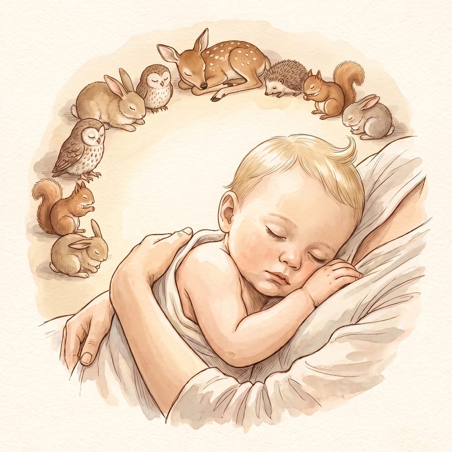 A baby asleep in someone's arms, the animals curled up in a circle around them