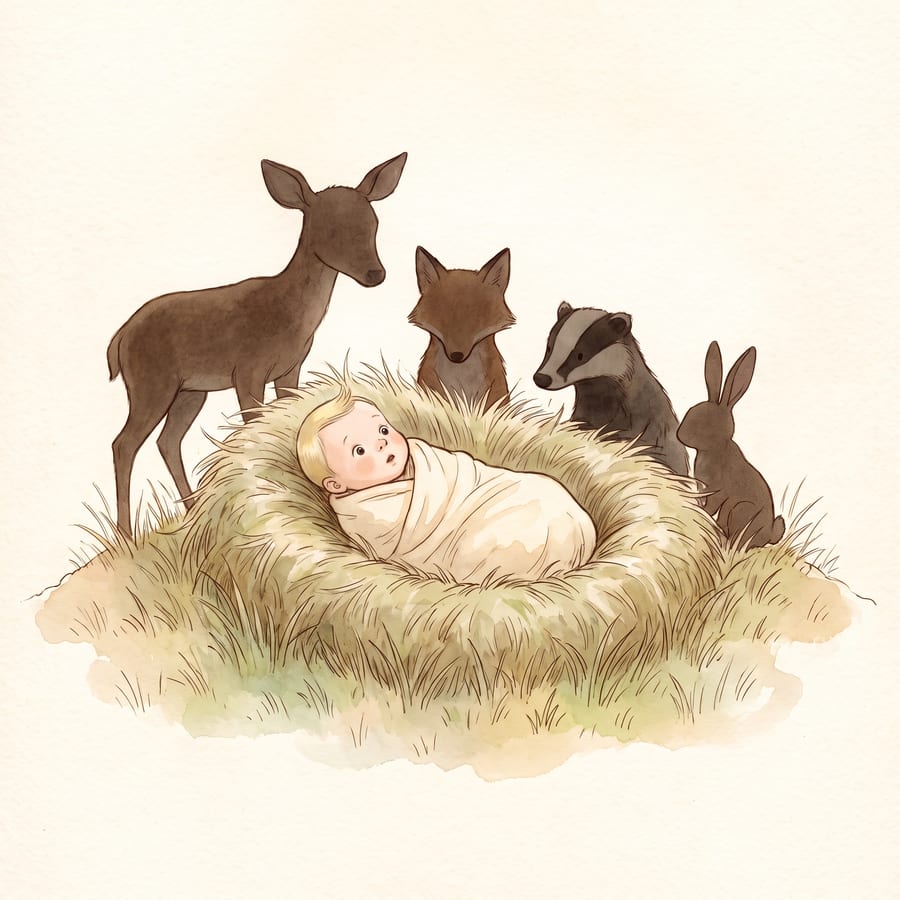 A newborn in a nest of grass, woodland animals leaning in around them