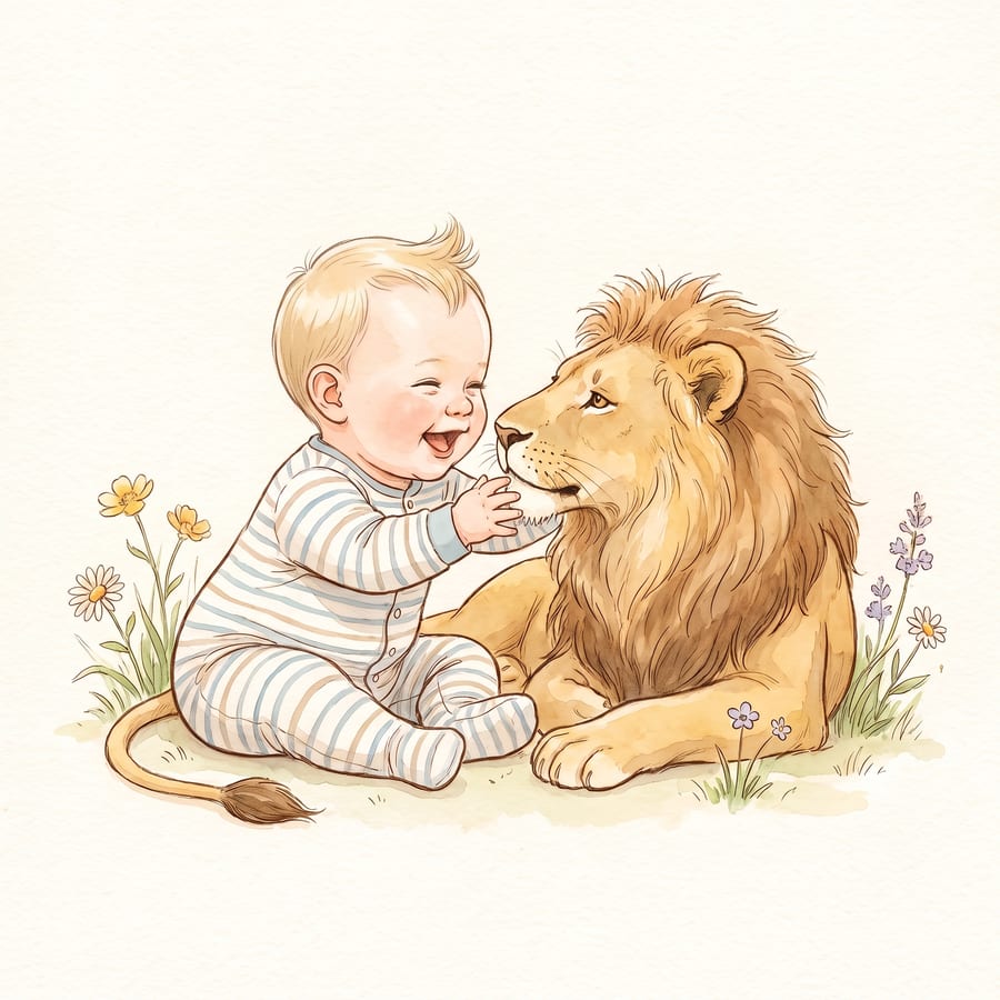 A baby laughing and reaching toward a lion lying close by