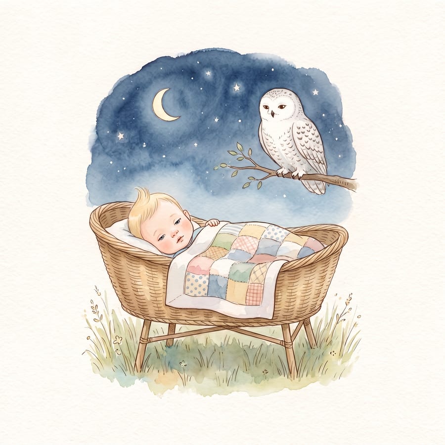 A baby asleep in a wicker bassinet under the moon while an owl keeps watch
