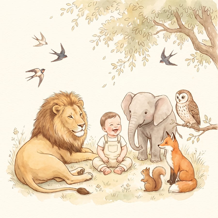 Couverture d'un album illustré à l'aquarelle : un bébé assis entouré d'un lion, d'un éléphant, d'un hibou et d'un renard