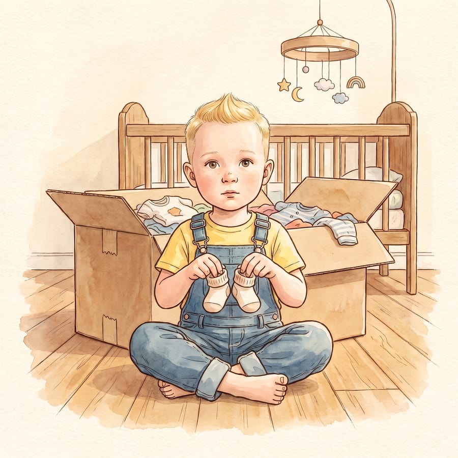 Cover: The Little One Who Is Coming, a boy holding tiny baby socks beside a crib