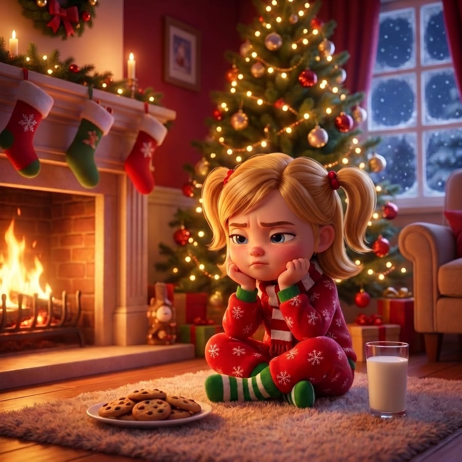 Christmas Eve by the fireplace, cookies and milk ready for Santa