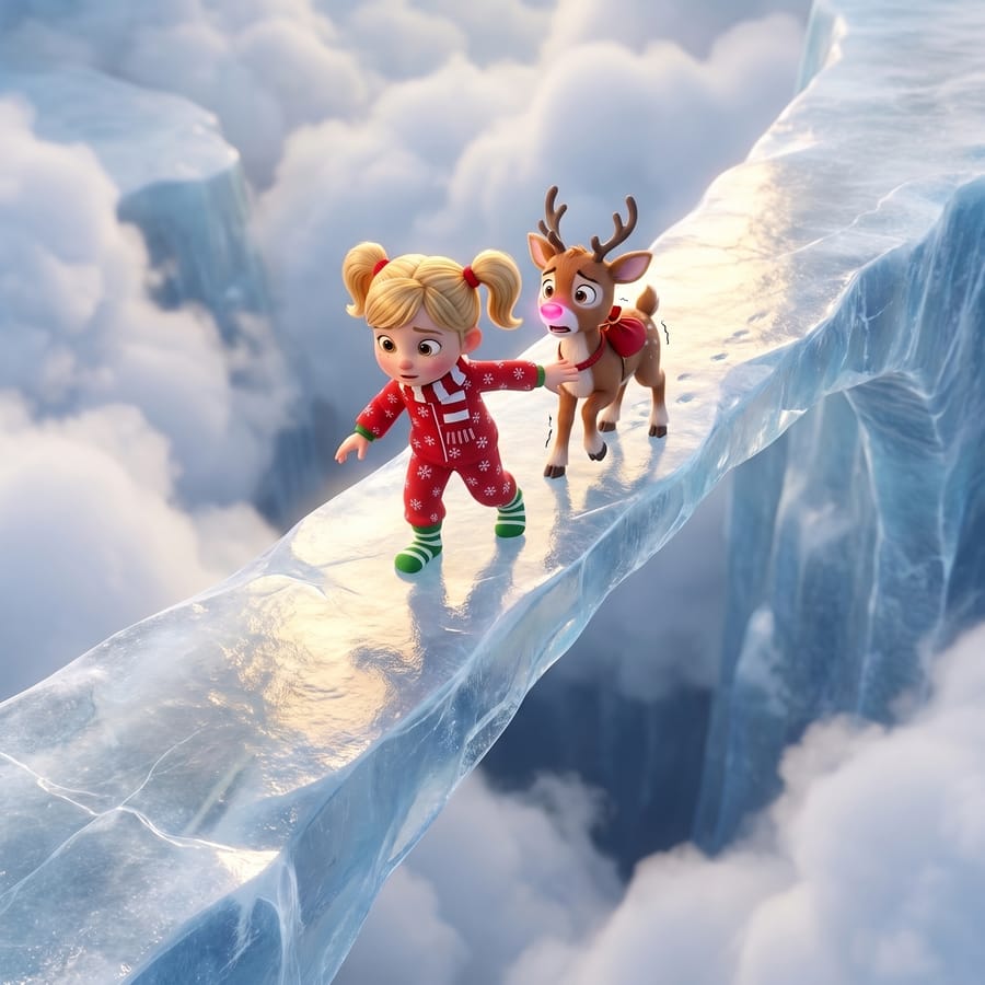 The hero and the little reindeer cross a bridge of ice above the clouds