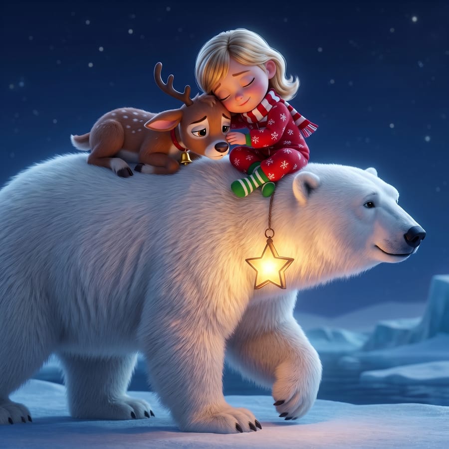 Riding a polar bear across the ice, a star lantern glowing
