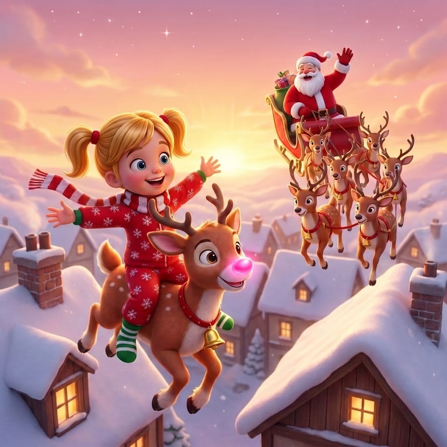 Flying over snowy rooftops on the reindeer, Santa's sleigh ahead