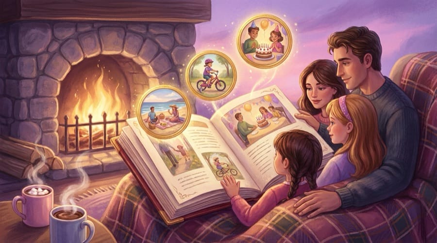 Illustration d'une famille et de ses souvenirs, exemple de livre souvenir