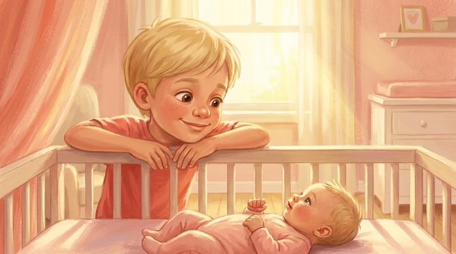 Illustration d'un enfant devenant grand frère ou grande sœur, exemple de livre pour naissance