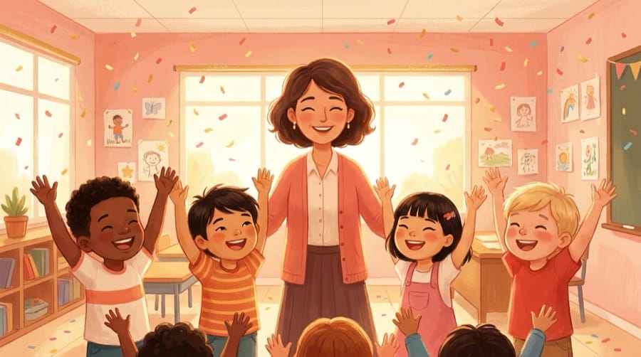 Illustration d'une classe et de sa maîtresse, exemple de livre pour fin d'année scolaire