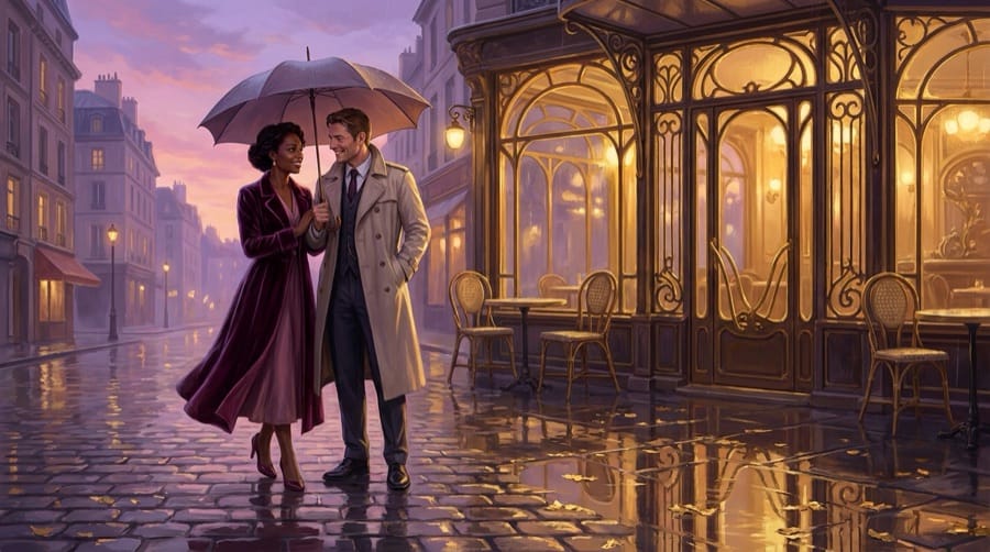 Illustration de l'univers adultes : un couple sous la pluie devant un café
