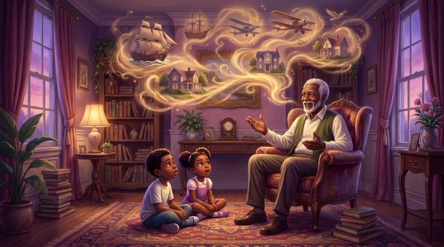 Illustration d'un grand-parent racontant son histoire, exemple de livre personnalisé